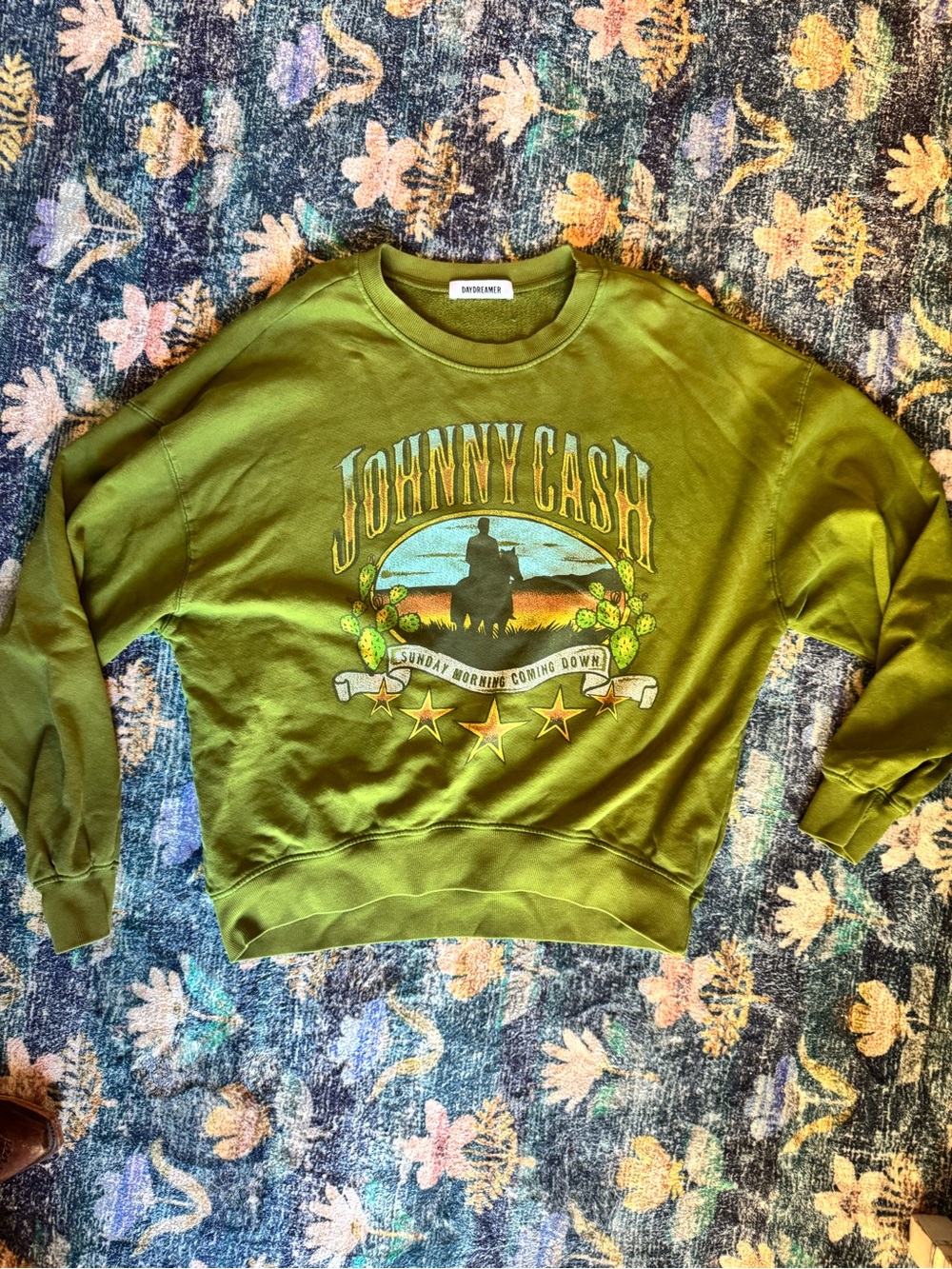 Daydreamer LA Johnny Cash Green Graphic Crewneck Sweatshirt